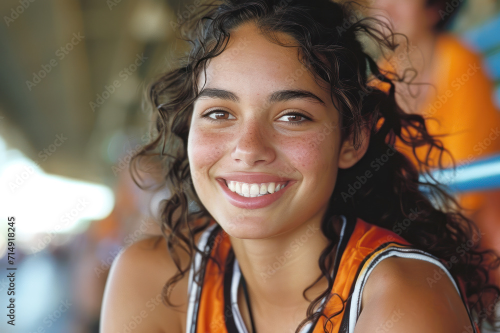 Hispanic woman wearing basketball player or supporter attribute uniform