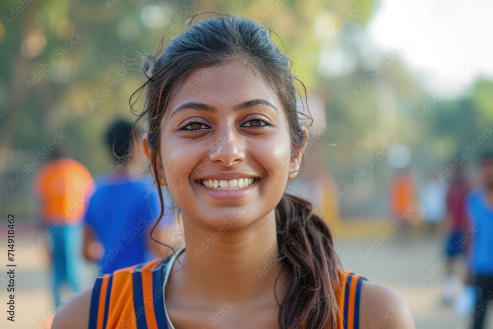 Indian woman wearing basketball player or supporter attribute uniform Indian woman wearing basketball player or supporter attribute uniform