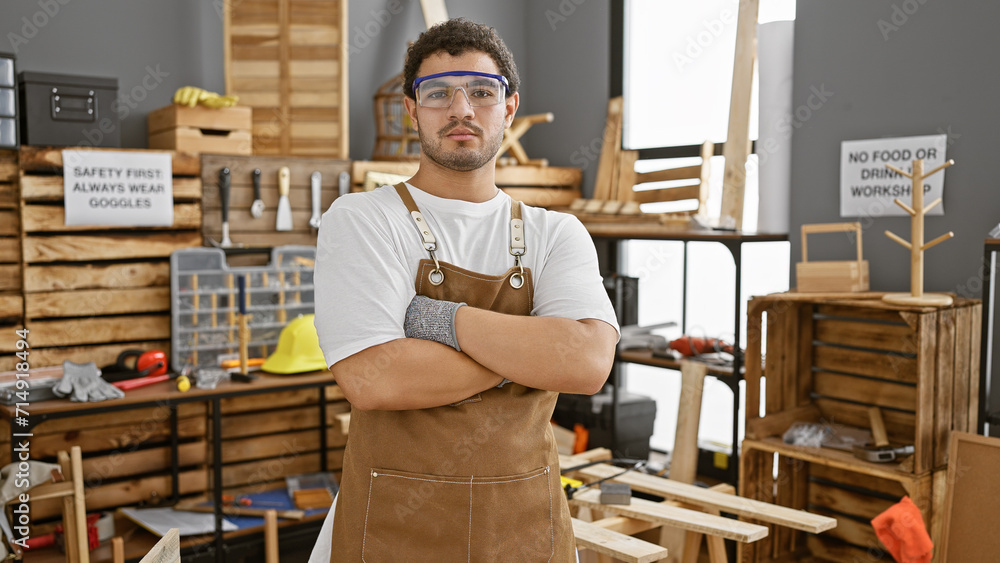 Young man with beard and apron standing arms crossed in a carpentry workshop.