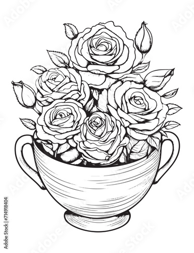 Spring flower bouquet, vector lineal illustration, coloring page for adults