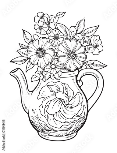 Spring flower bouquet, vector lineal illustration, coloring page for adults