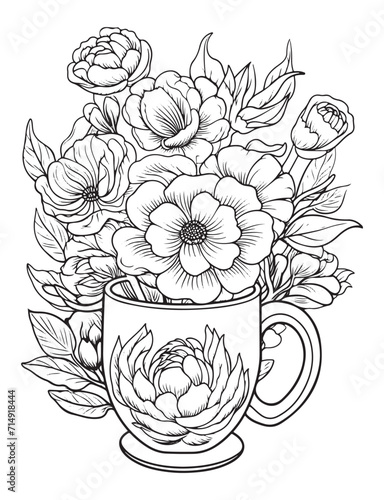 Spring flower bouquet, vector lineal illustration, coloring page for adults