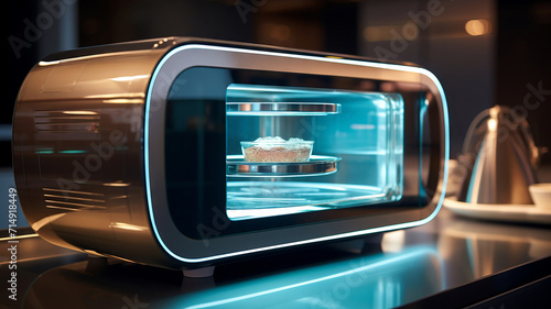 High-tech, stainless steel microwave in a smart home kitchen, with interactive holographic food menus photo