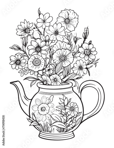 Spring flower bouquet, vector lineal illustration, coloring page for adults