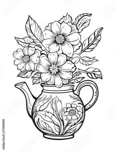 Spring flower bouquet, vector lineal illustration, coloring page for adults