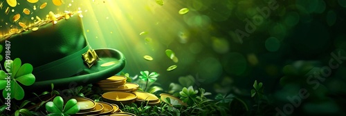 Big green leprechaun top hat with gold coins, clover leaves and a rainbow above it. St. Patrick's Day celebration concept, banner photo