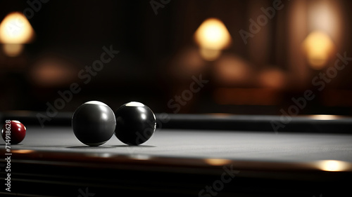 An elegant, monochromatic billiard table scene with soft shadows and a selective focus on the number eight ball