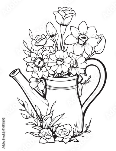 Spring flower bouquet, vector lineal illustration, coloring page for adults