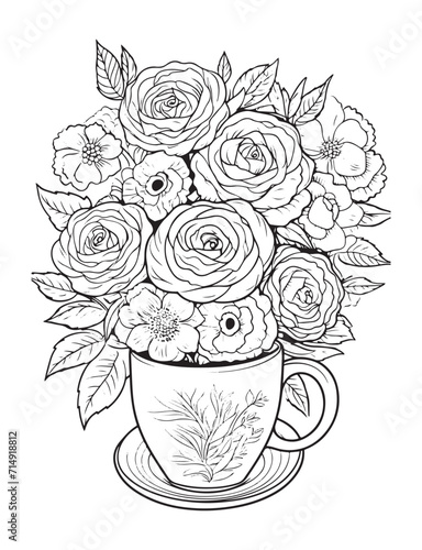 Spring flower bouquet, vector lineal illustration, coloring page for adults