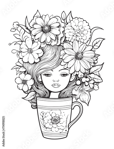 Spring flower bouquet, vector lineal illustration, coloring page for adults