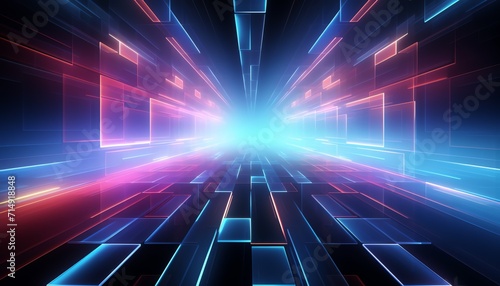 Futuristic digital tunnel with vibrant neon lights and a sense of high-speed motion.