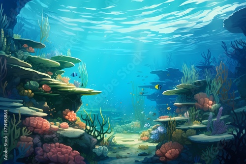 Underwater scene with a gradient of blues and greens, showcasing coral reefs and marine life in crystal-clear waters.
