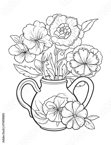 Spring flower bouquet, vector lineal illustration, coloring page for adults