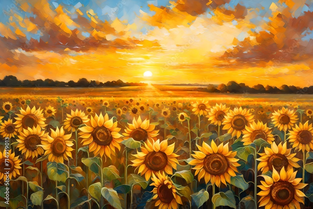 Obraz premium sunset in the field of sunflowers