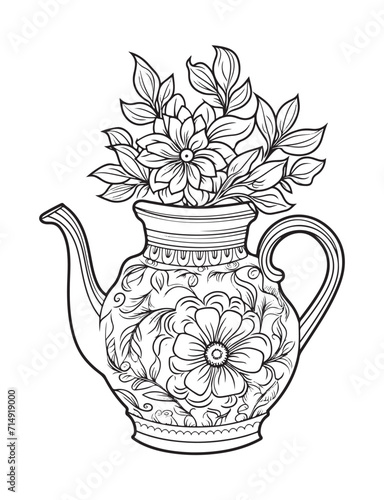 Spring flower bouquet, vector lineal illustration, coloring page for adults