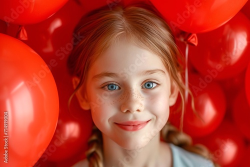 Intimate image of a joyful adolescent holding numerous crimson balloons. Top-notch studio portrait.