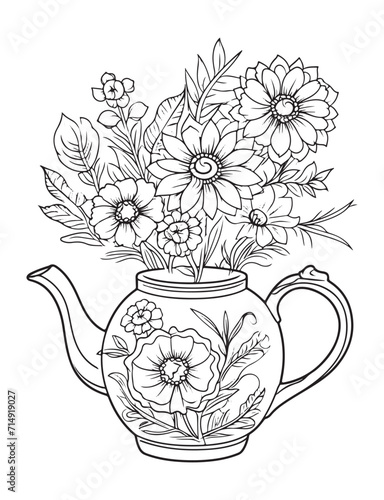 Spring flower bouquet, vector lineal illustration, coloring page for adults