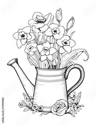 Spring flower bouquet, vector lineal illustration, coloring page for adults