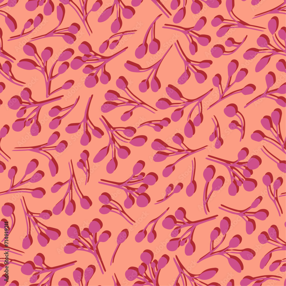 Pink abstract botany seamless repeat pattern. Random placed, vector herbs with shadows aop all over surface print apricot background.