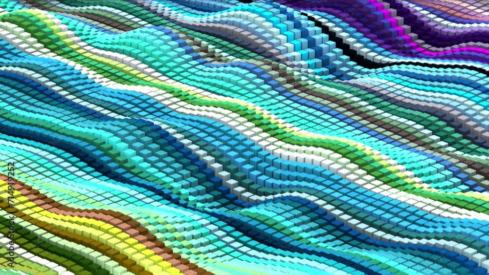 Colorful abstract background with striped wavy field of smoothly moving cube shapes and variety of positive and bright cheerful colors , motion graphics , 3D render , video 4k , 60 fps Colorful abstract background with striped wavy field of smoothly moving cube shapes and variety of positive and bright cheerful colors , motion graphics , 3D render , video 4k , 60 fps