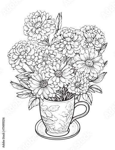 Spring flower bouquet, vector lineal illustration, coloring page for adults