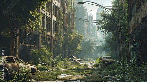 Post-apocalyptic city overgrown by plants with abandoned cars and house skyscraper ruins. photo