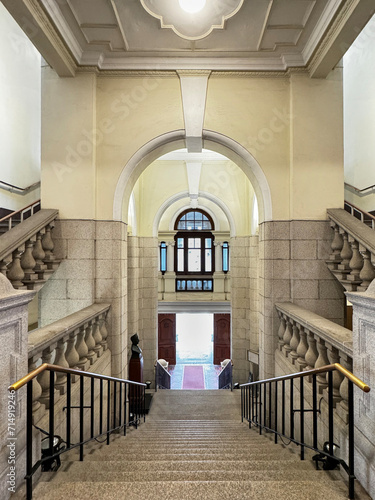 The University of Hong Kong main grand staircase and corridor hall  showing the typical British victorian architecture Colonial heritage building with beautiful details