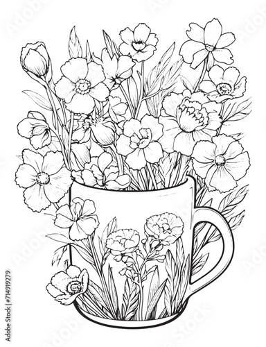 Spring flower bouquet, vector lineal illustration, coloring page for adults