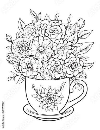 Spring flower bouquet, vector lineal illustration, coloring page for adults