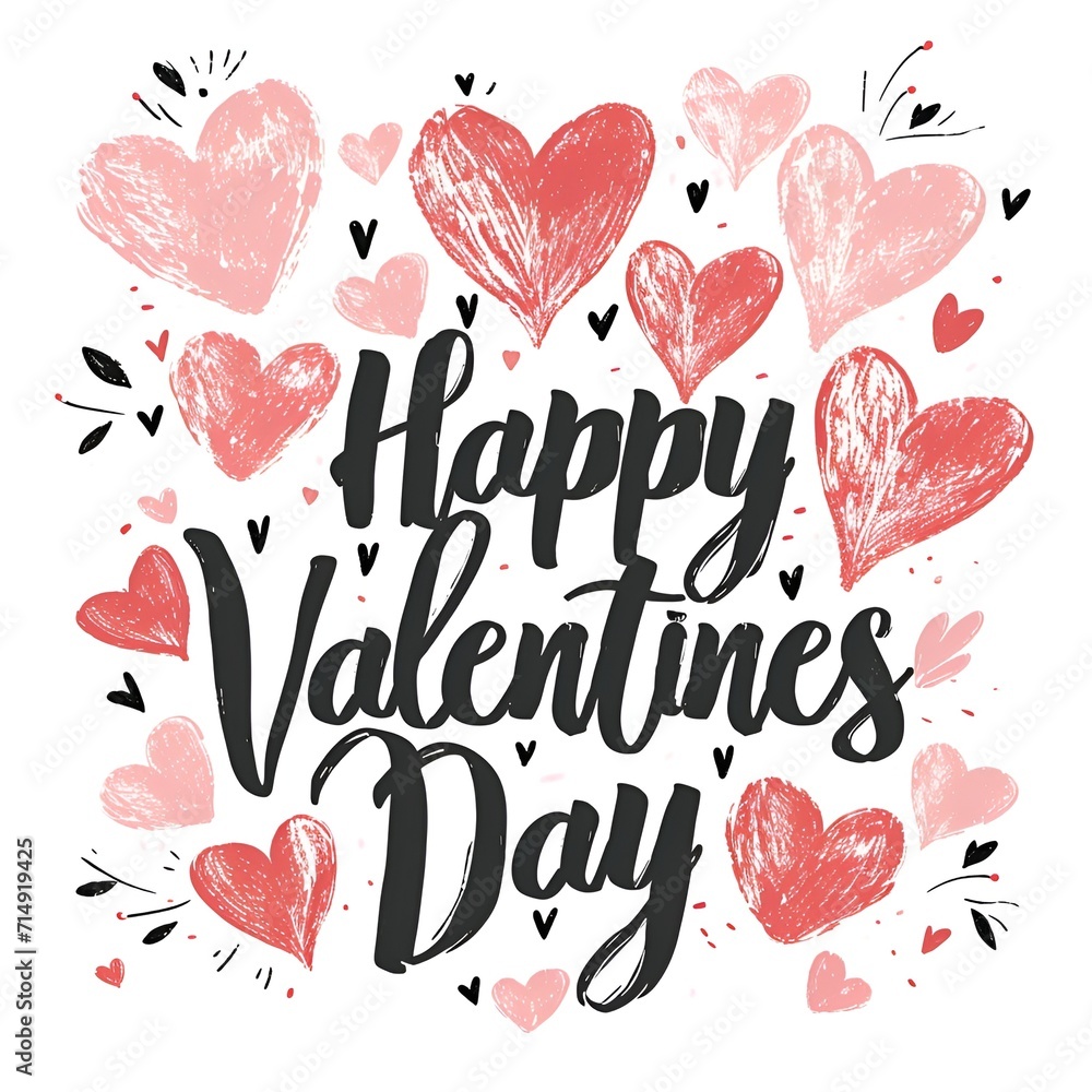 A happy Valentine's Day card with illustrated hearts on white background.