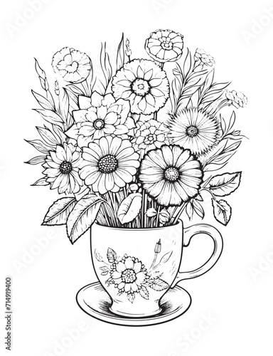 Spring flower bouquet, vector lineal illustration, coloring page for adults
