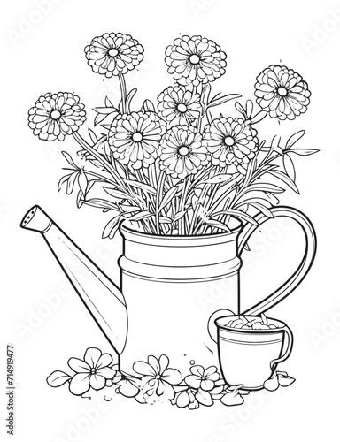 Spring flower bouquet, vector lineal illustration, coloring page for adults