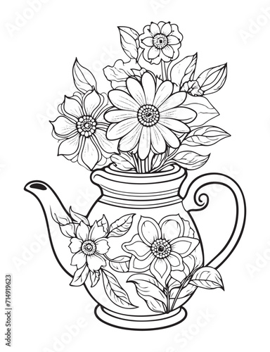 Spring flower bouquet, vector lineal illustration, coloring page for adults
