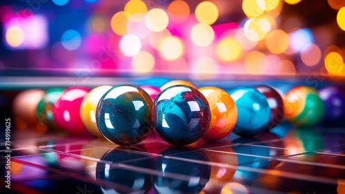 Dynamic close-up of multicolored pool balls, with a vibrant, blurred background of neon arcade lights photo