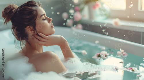 A beautiful smiling woman taking a bubble bath with candles in the background.