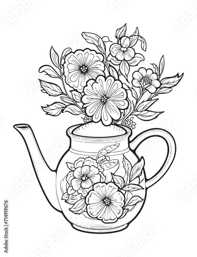 Spring flower bouquet, vector lineal illustration, coloring page for adults