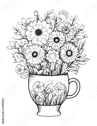 Spring flower bouquet, vector lineal illustration, coloring page for adults