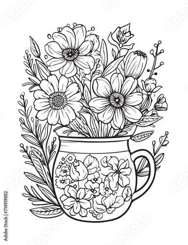 Spring flower bouquet, vector lineal illustration, coloring page for adults