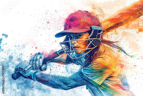Cricket player in action, woman colorful watercolor with copy space
