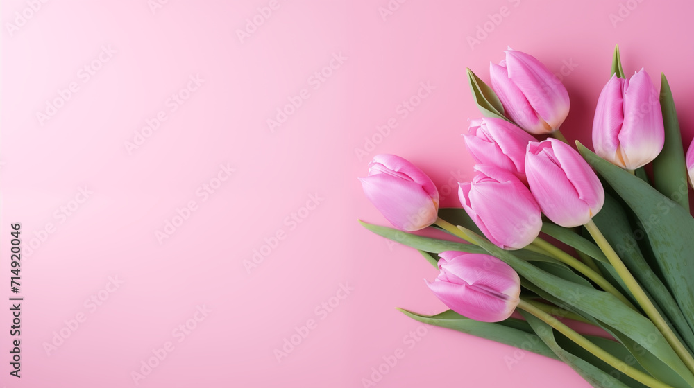Bouquet of pink tulips on a pink background with copy space. The concept of spring, holiday, postcard, March 8, mother's day. Banner. Flat lay, top view.