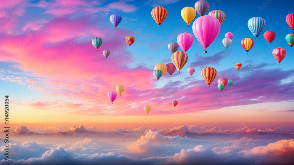 Vibrant celebration, with glossy balloons ascending alongside a radiant, multi-colored rainbow against a dusk-pink sky Vibrant celebration, with glossy balloons ascending alongside a radiant, multi-colored rainbow against a dusk-pink sky