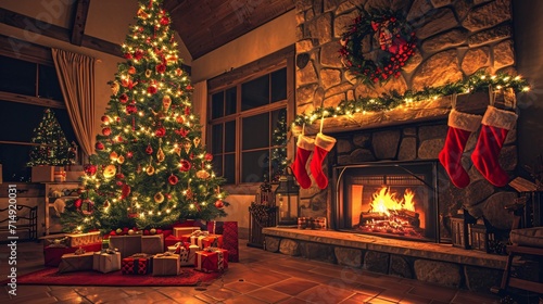 A cozy Christmas scene with a lit fireplace and a beautifully decorated tree. Generative AI © Bipul Kumar