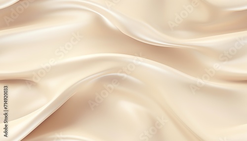 Elegant beige satin fabric with smooth waves, luxurious textile background.
