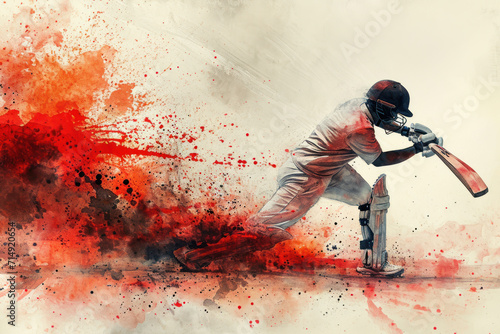 Cricket player in action, woman red watercolor with copy space photo