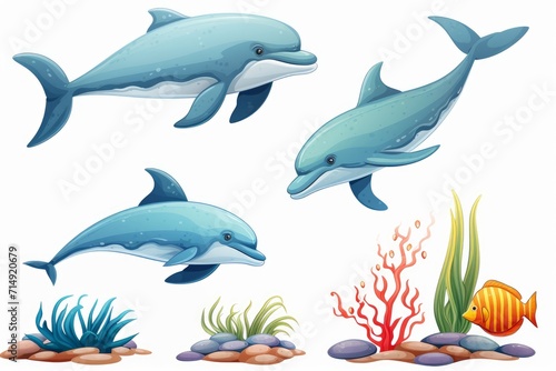 Dolphin  corals  marine plants and fish  marine underwater life on a white isolated background  illustration.