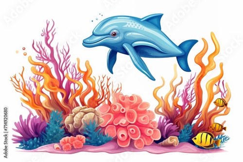 Dolphin, corals, marine plants and fish, marine underwater life on a white isolated background, illustration.