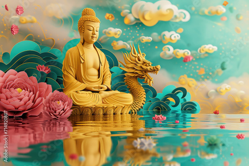 golden Buddha with colorful paper cut clouds and flowers and a dragon  nature background