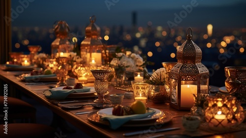 Contemporary ramadan feast on a high-rise rooftop, overlooking a city skyline at dusk with twinkling lights photo