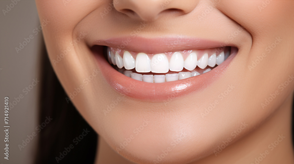 A female grins with pristine ivory incisors in a tight shot. A female grins with pristine ivory incisors in a tight shot.