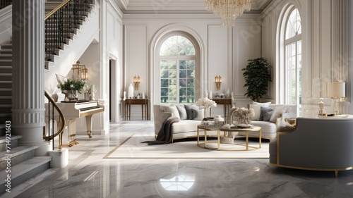 An inviting entryway  with ornate keys cast in soft gold light  lying on a marble counter with an open-concept living space beyond